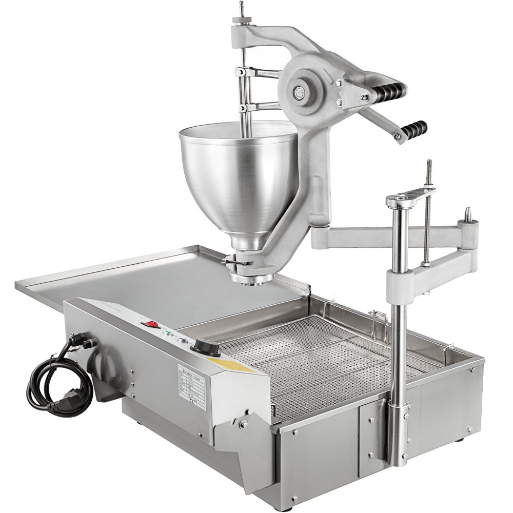 Freidora de donuts VEVOR de acero inoxidable con cable de alimentación y rejilla para freír ajustable.