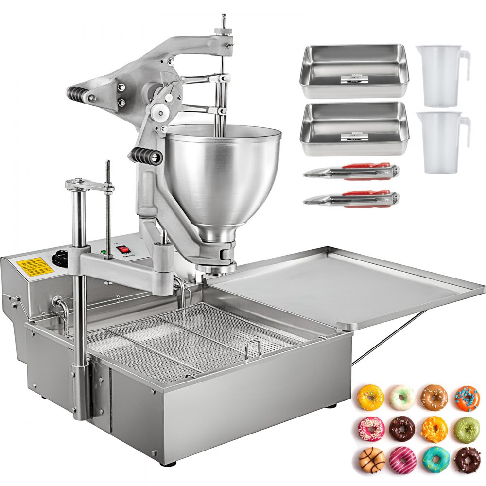 Freidora de donas manual VEVOR, mini máquina comercial para hacer donas, capacidad de 9 l, tolva, 3 moldes, grosor ajustable, 3000 W, acero inoxidable