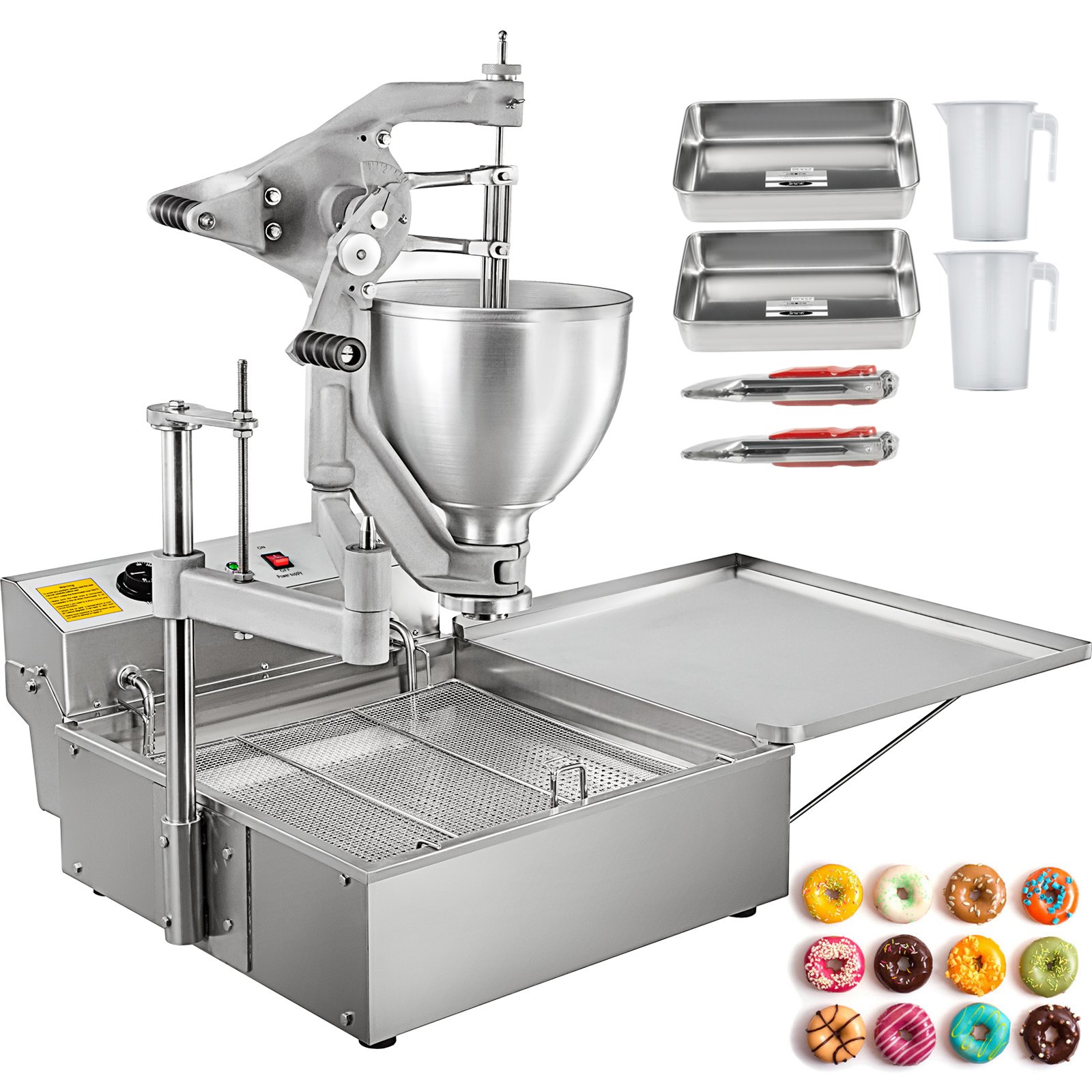 Freidora de donuts VEVOR con accesorios y donuts variados.