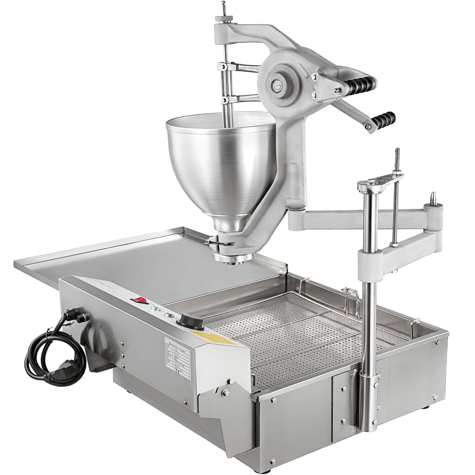 Freidora de donuts VEVOR de acero inoxidable con cable de alimentación y rejilla para freír ajustable.