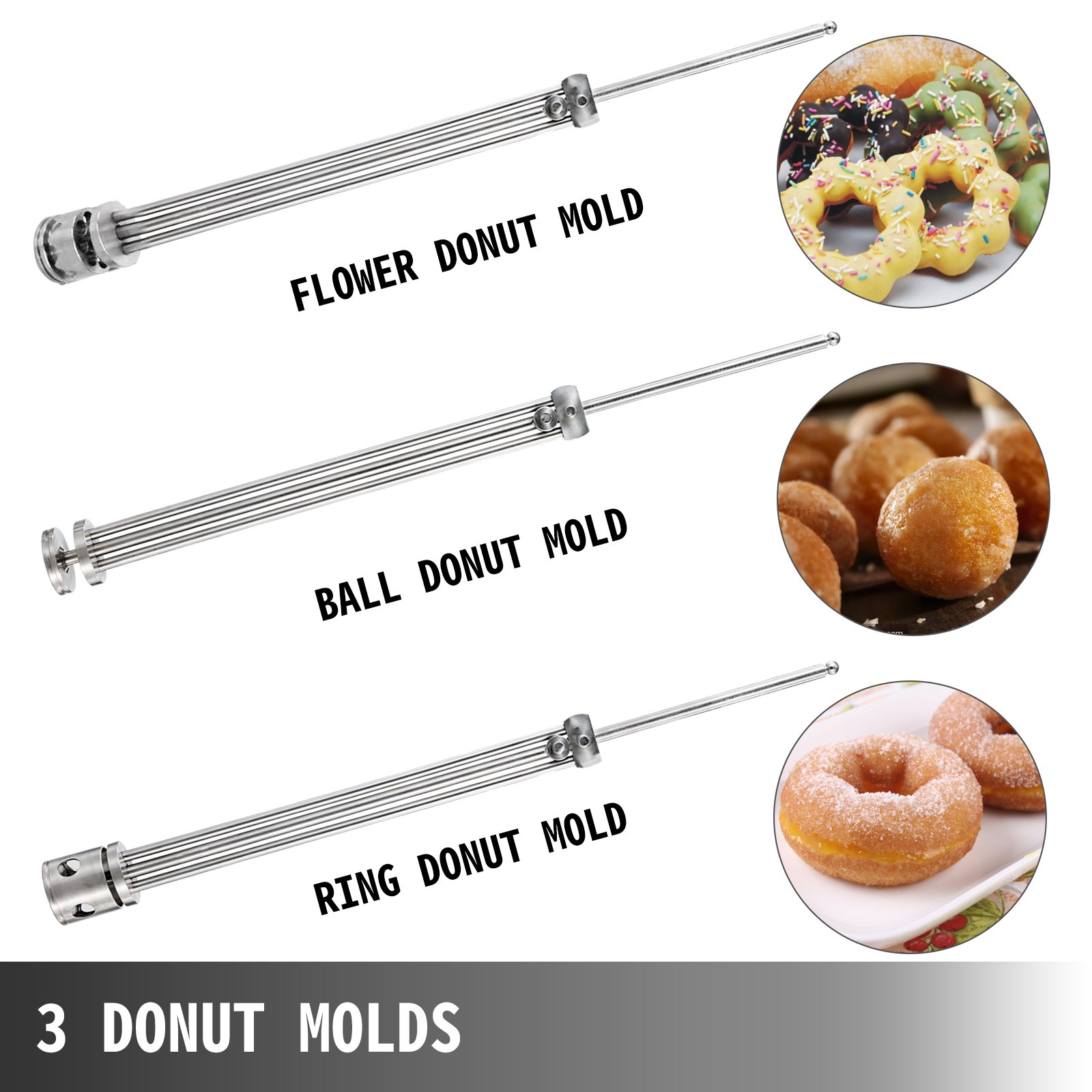 3 tipos de moldes para donas para freidora de donas VEVOR: flor, bola y anillo.