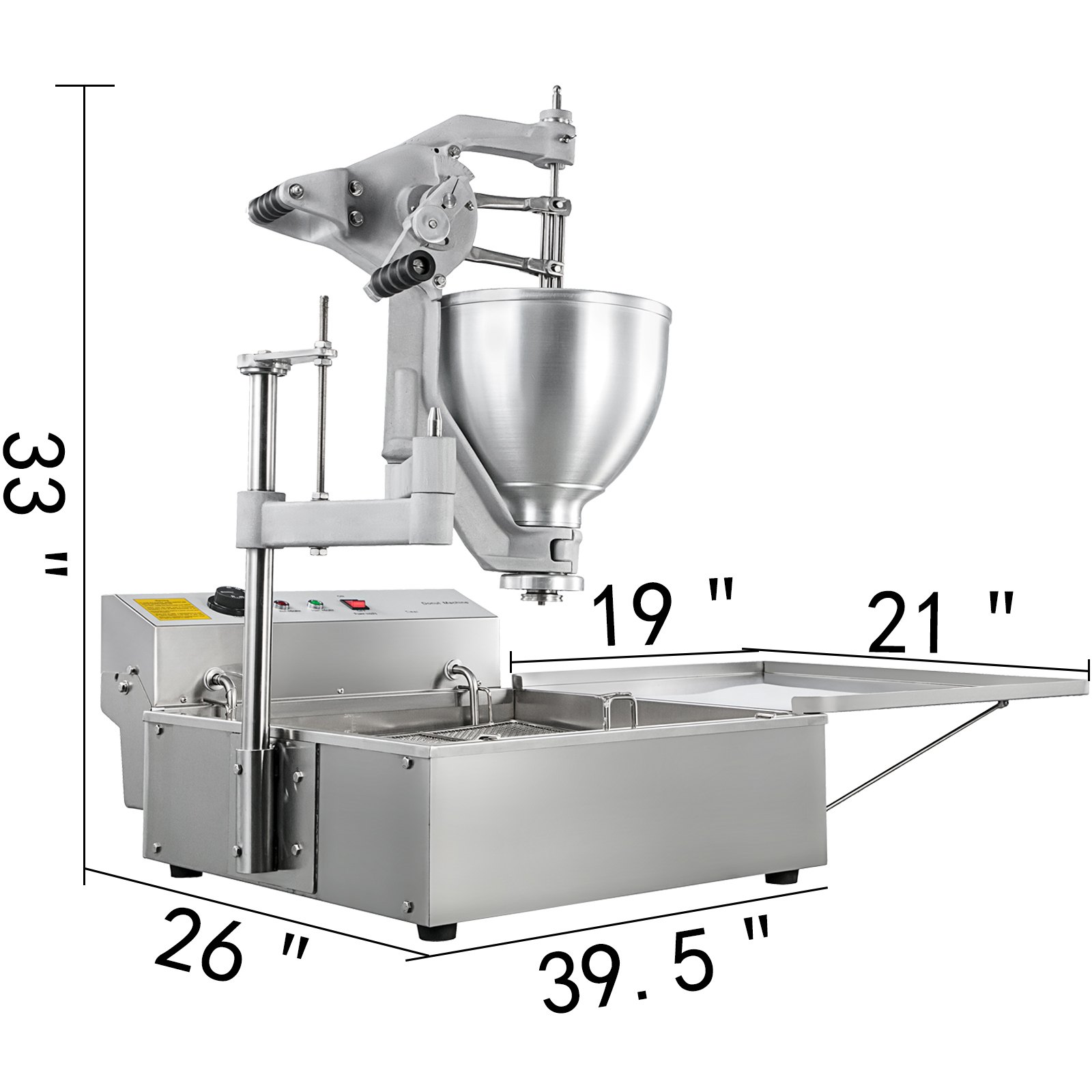 Dimensiones de la freidora de donas VEVOR etiquetadas: 33&quot; de alto, 19&quot; de ancho, 21&quot; de profundidad, 39,5&quot; de largo.