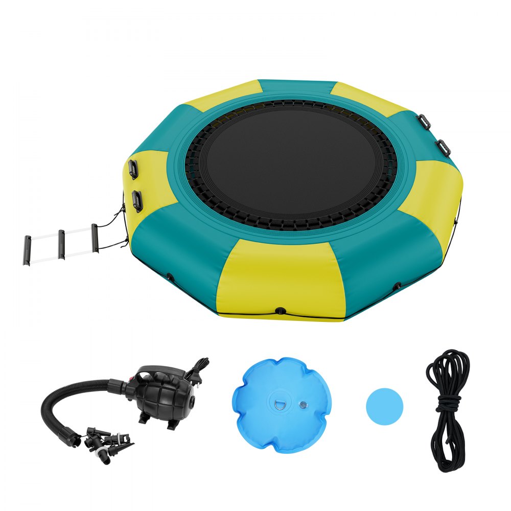 VEVOR Cama elástica acuática inflable de 3 metros (10 pies), plataforma de salto portátil con escalera de 3 peldaños y bomba de aire eléctrica, ideal para niños y adultos, perfecta para piscinas, lagos y deportes acuáticos.