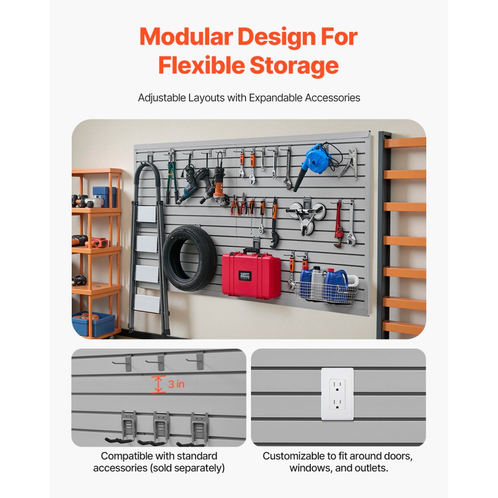 Panel de pared de listones VEVOR, 2,4 x 1,2 m, panel de listones de PVC para garaje con accesorios, panel de listones gris, fácil de instalar, ajustable, con estructura de acoplamiento y corte para bricolaje, apto para almacenamiento y exhibición.