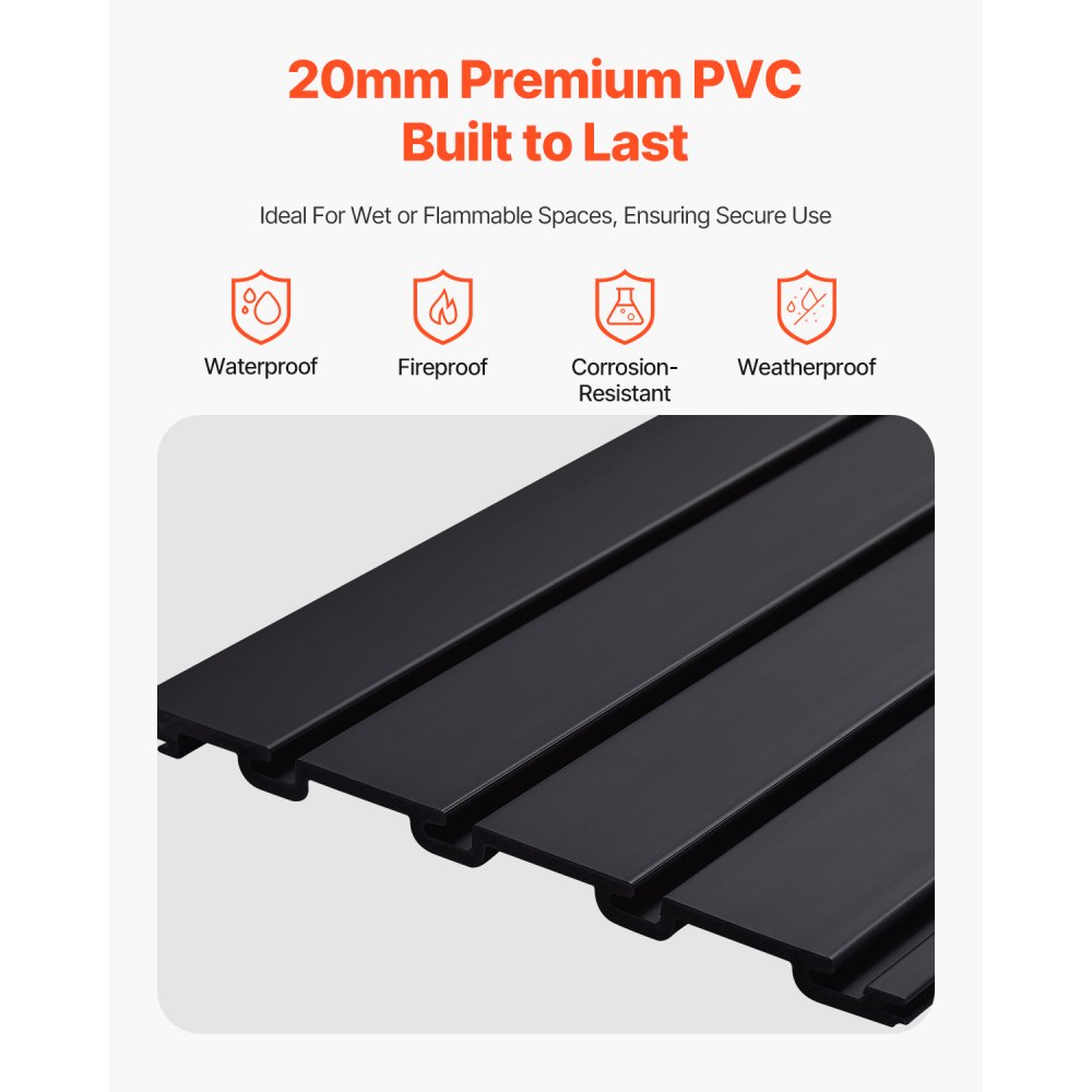 Panel de pared de listones VEVOR, 2 x 4 pies, panel de listones de garaje de PVC con diseño modular, panel de listones negro fácil de instalar y ajustable con estructura de acoplamiento y corte DIY, apto para almacenamiento y exhibición.