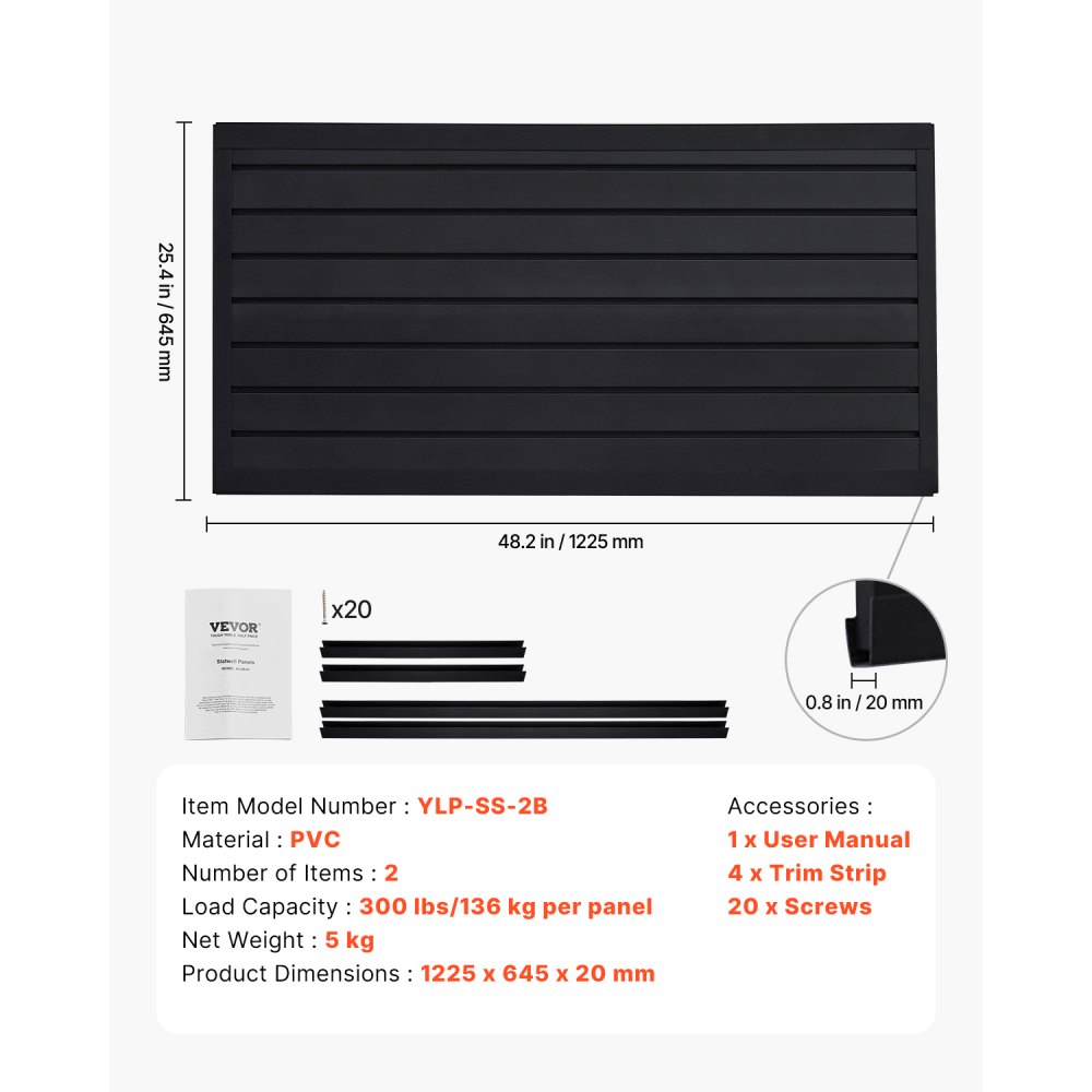 Panel de pared de listones VEVOR, 2 x 4 pies, panel de listones de garaje de PVC con diseño modular, panel de listones negro fácil de instalar y ajustable con estructura de acoplamiento y corte DIY, apto para almacenamiento y exhibición.