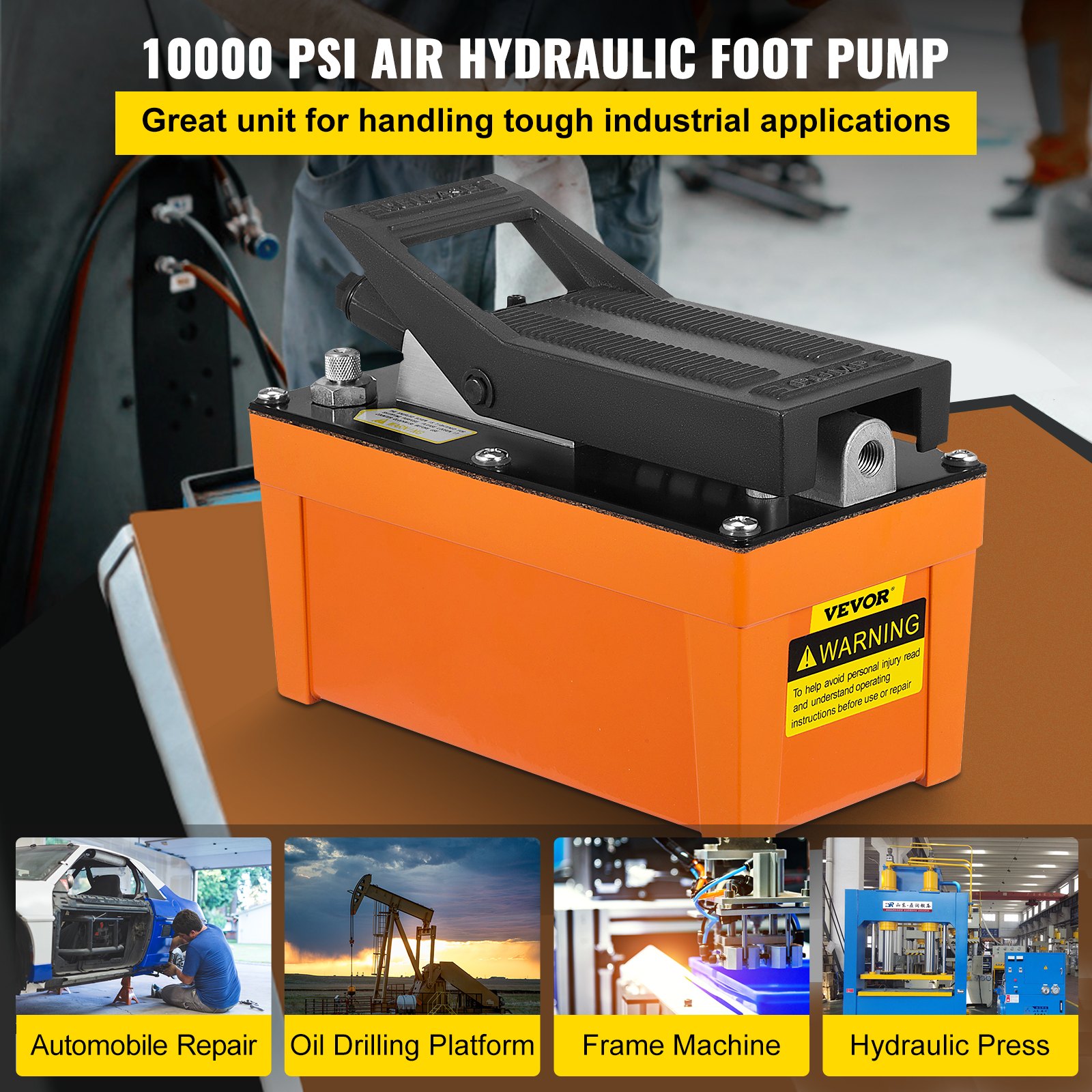Bomba hidráulica de aire VEVOR 10000 PSI Bomba de aire sobre bomba hidráulica Depósito de 1/2 galón Bomba hidráulica accionada por pie de pedal de aire 3/8" NPT con manguera de 6.56 pies 2 Conector de acción simple para reparación de automóviles (naranja)