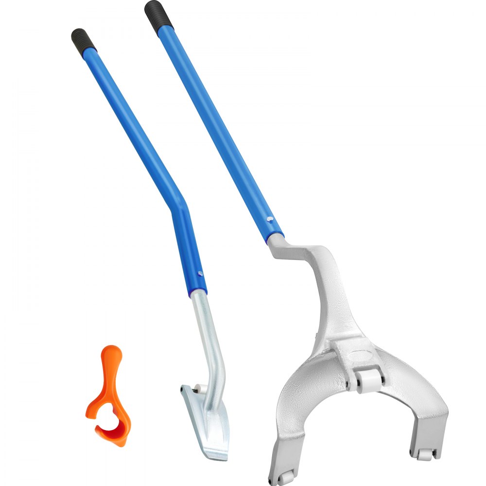 Herramienta para desmontar y montar neumáticos VEVOR con mangos azules y accesorio naranja.