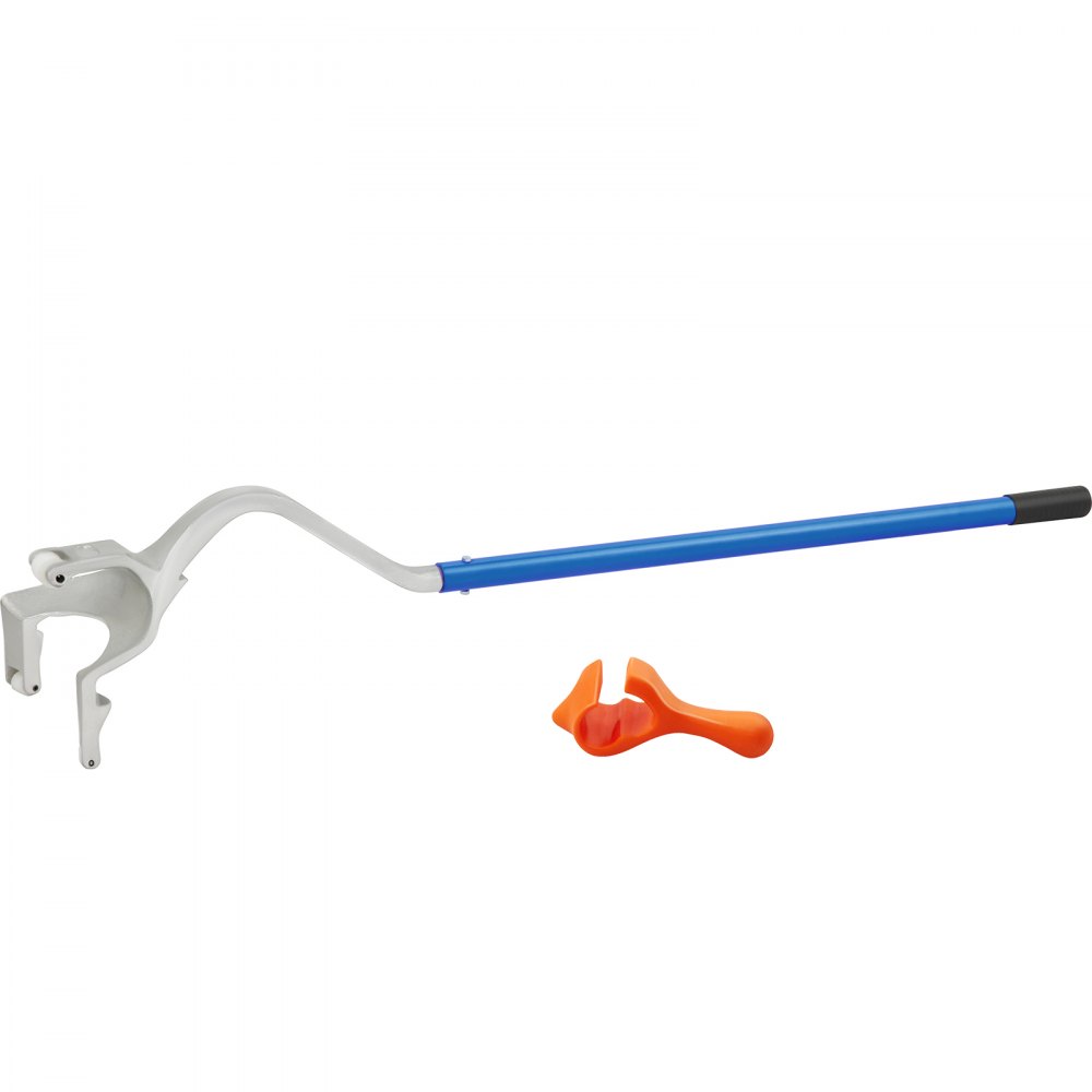 Herramienta para desmontar y montar neumáticos VEVOR con mango azul y accesorio naranja.
