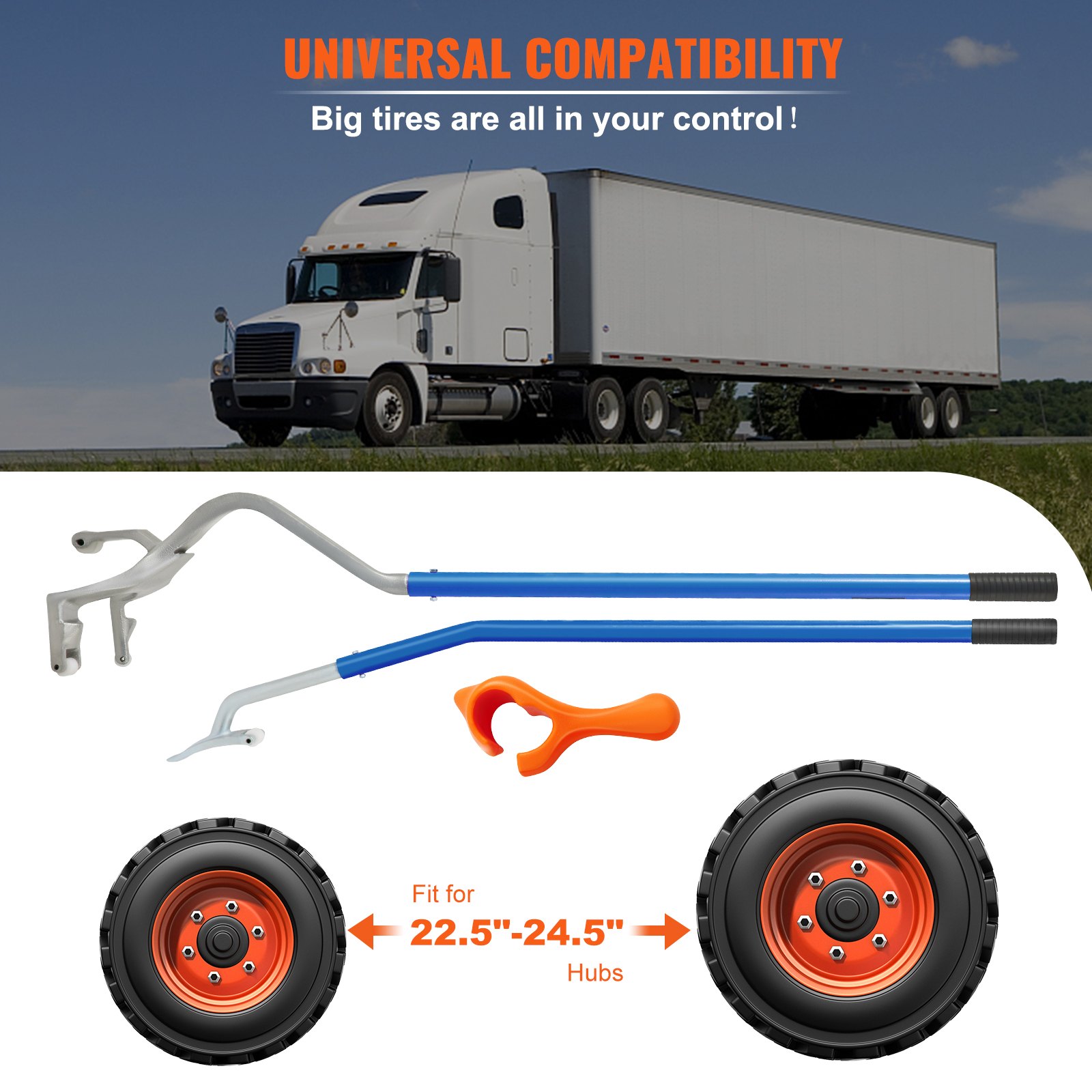 Herramienta de desmontaje y montaje de neumáticos VEVOR con compatibilidad universal para bujes de 22,5&quot; a 24,5&quot;.