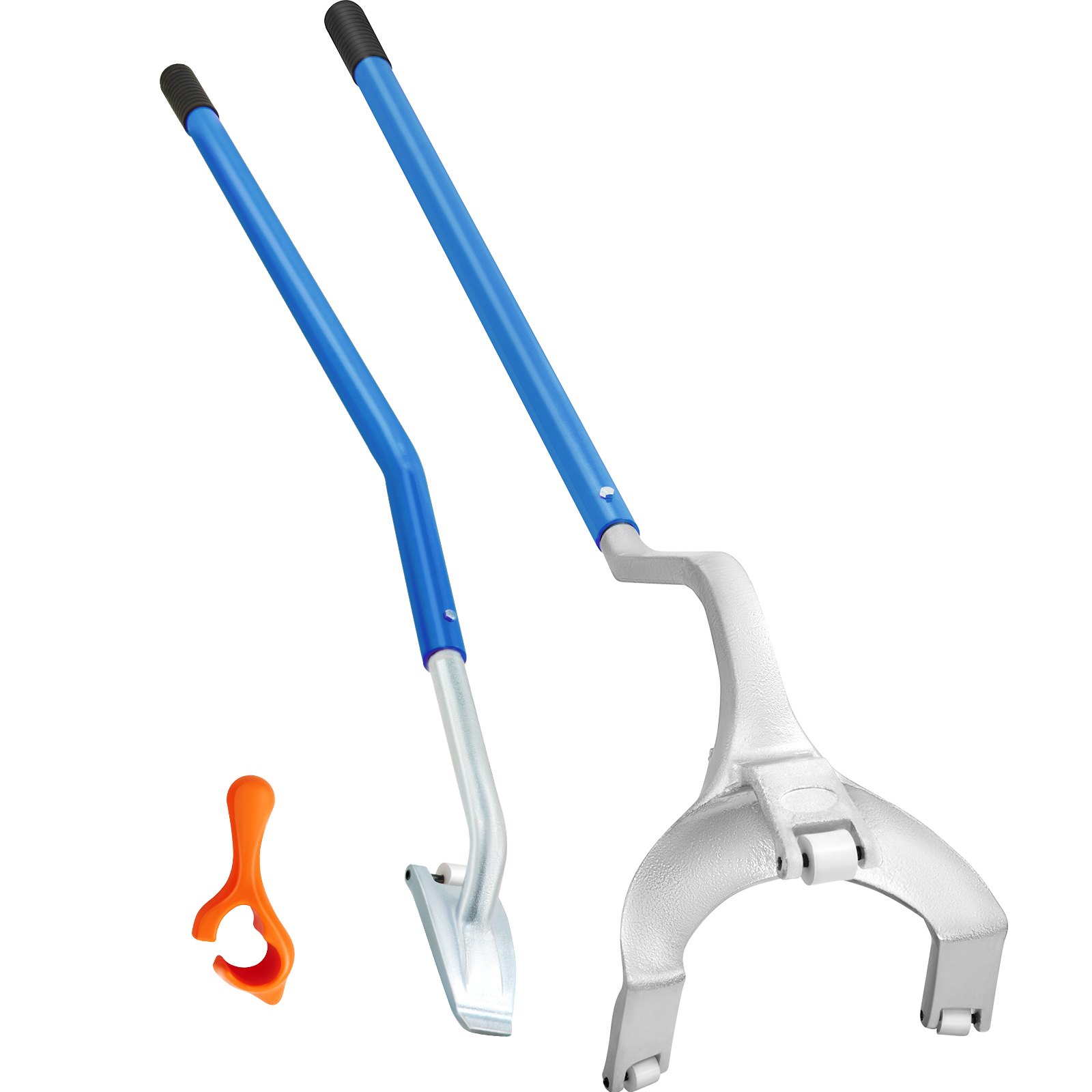Herramienta para desmontar y montar neumáticos VEVOR con mangos azules y accesorio naranja.