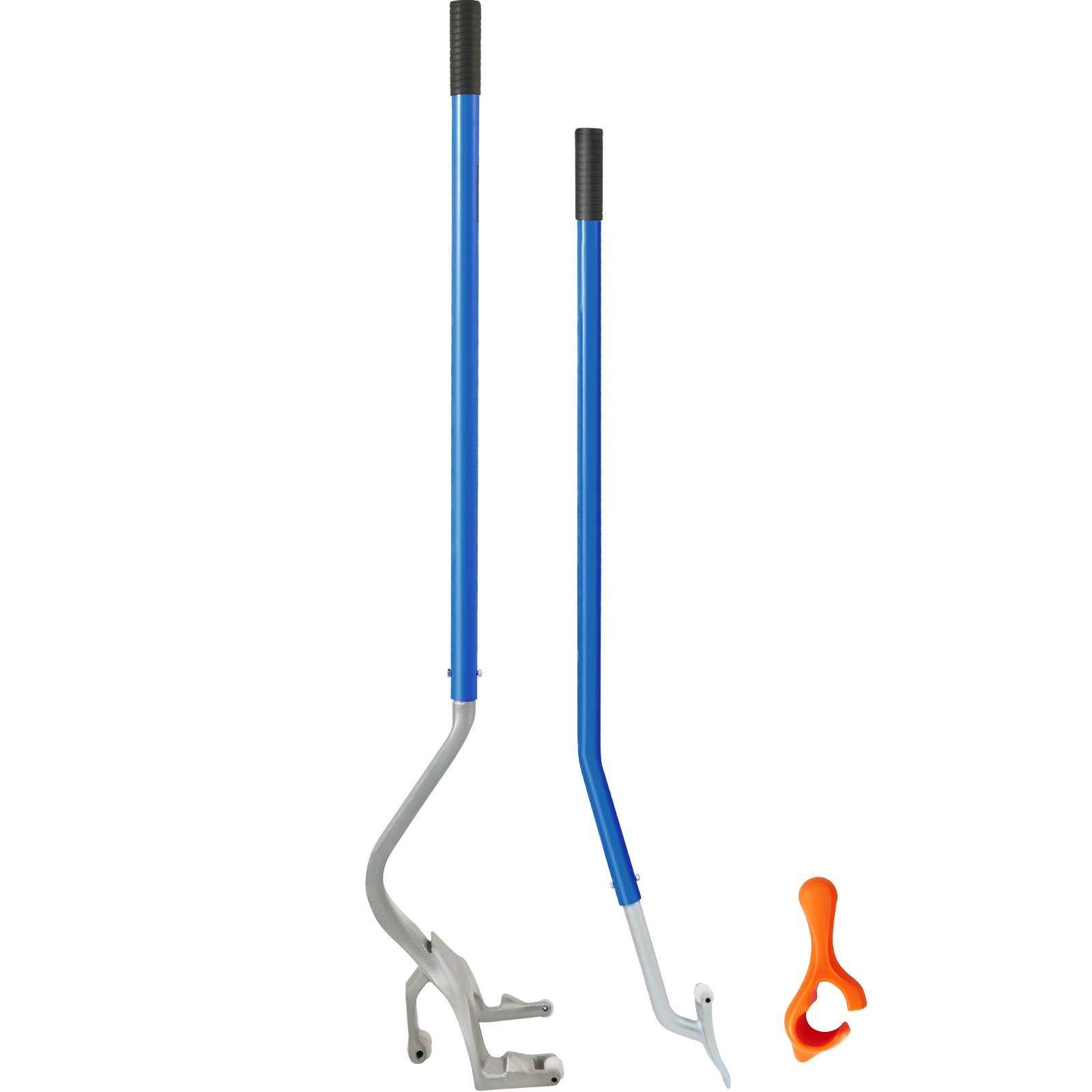 Herramienta para desmontar y montar neumáticos VEVOR con mangos azules y protector de talón naranja.