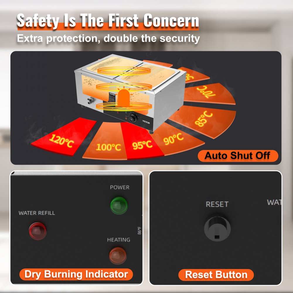 VEVOR Calentador de alimentos comercial de 2 cacerolas, 2 mesas de vapor eléctricas de 12 cuartos, 1500 W, encimera profesional de acero inoxidable, buffet Bain Marie con control de temperatura de 86-185 °F para catering y restaurantes, plateado