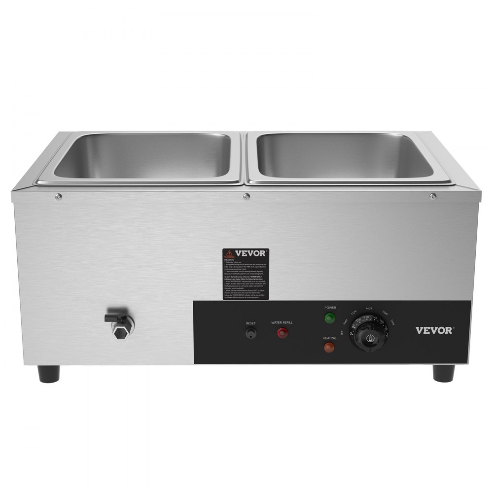 VEVOR Calentador de alimentos comercial de 2 cacerolas, 2 mesas de vapor eléctricas de 12 cuartos, 1500 W, encimera profesional de acero inoxidable, buffet Bain Marie con control de temperatura de 86-185 °F para catering y restaurantes, plateado