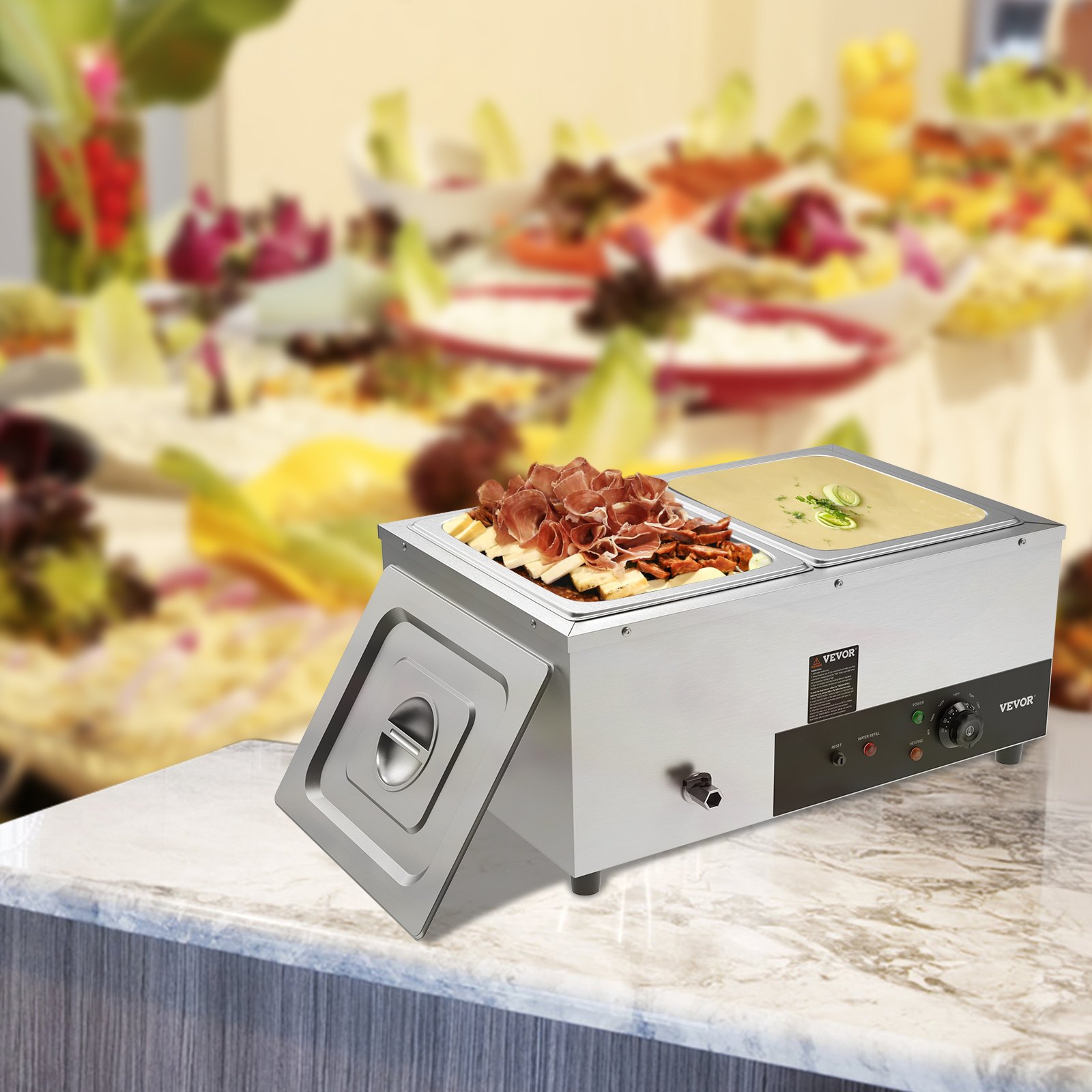 VEVOR Calentador de alimentos comercial de 2 cacerolas, 2 mesas de vapor eléctricas de 12 cuartos, 1500 W, encimera profesional de acero inoxidable, buffet Bain Marie con control de temperatura de 86-185 °F para catering y restaurantes, plateado