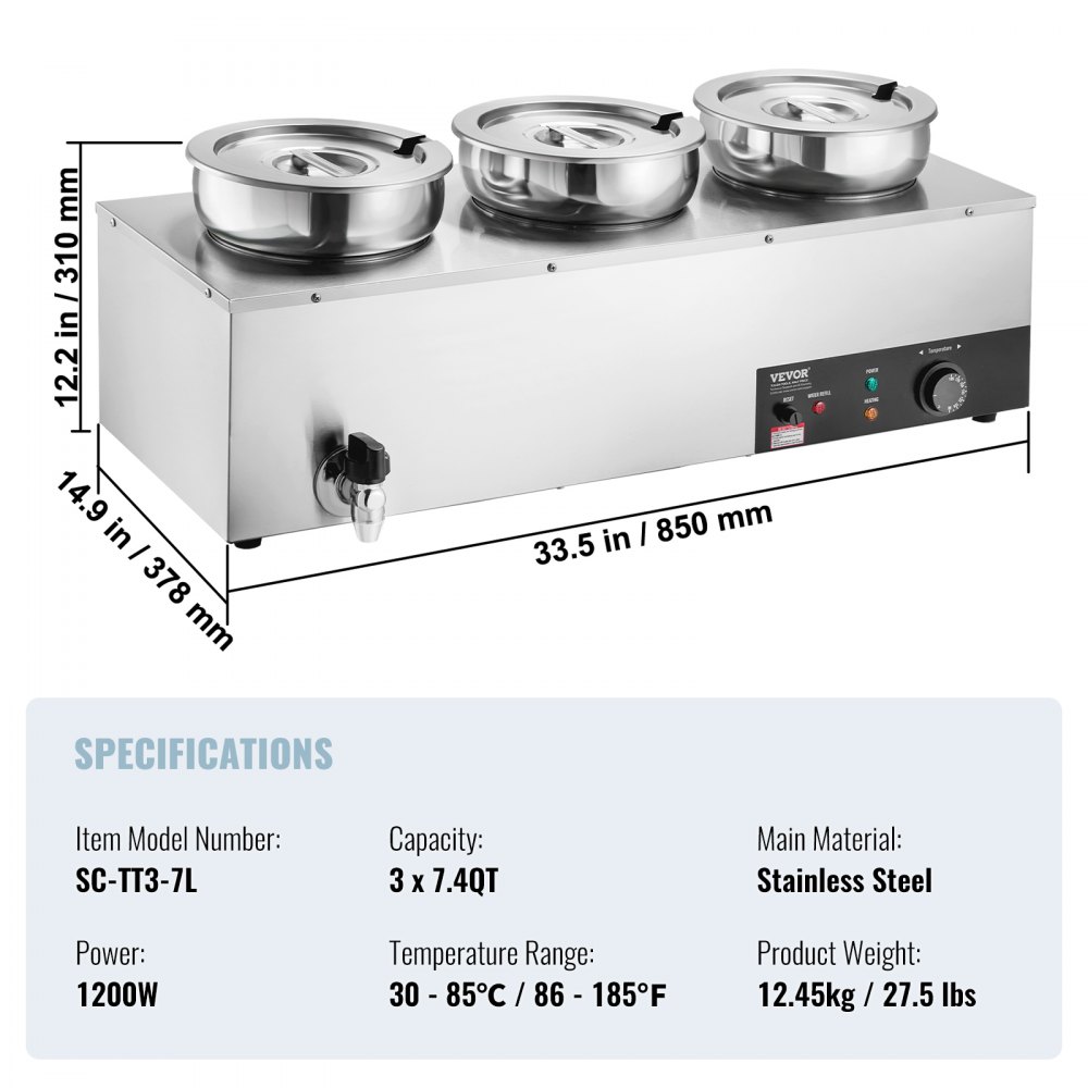 Calentador de sopa eléctrico VEVOR con 1200 W de potencia, capacidad de 22,2 qt, dimensiones y especificaciones de rango de temperatura.