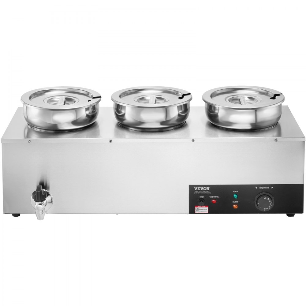 Calentador de sopa eléctrico VEVOR con tres cuencos de acero inoxidable y panel de control.
