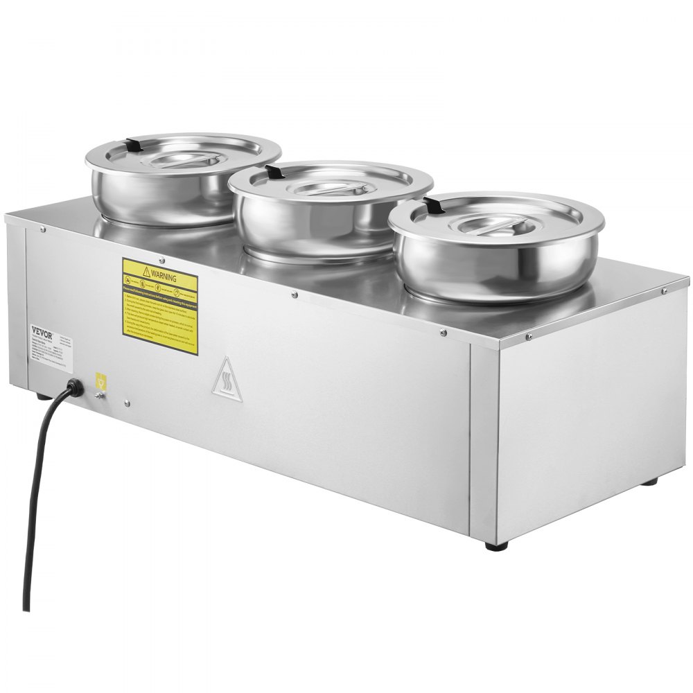 Calentador de sopa eléctrico VEVOR de tres compartimentos con cuerpo y tapas de acero inoxidable.