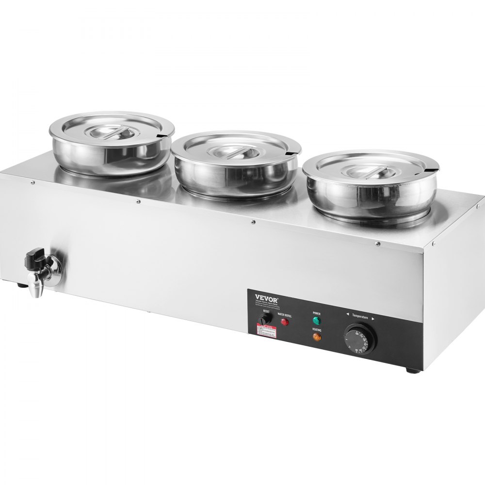 Calentador de sopa eléctrico VEVOR con tres ollas de acero inoxidable y control de temperatura ajustable.