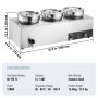 Calentador de sopa eléctrico VEVOR con 1200 W de potencia, capacidad de 22,2 qt, dimensiones y especificaciones de rango de temperatura.