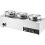Calentador de sopa eléctrico VEVOR con tres ollas de acero inoxidable y control de temperatura ajustable.