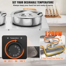 VEVOR Calentador de sopa eléctrico, tres ollas redondas de acero inoxidable de 7,4 cuartos de galón, temperatura ajustable de 86 ~ 185 °F, baño María comercial de 1200 W con botón de reinicio y quemad