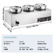 VEVOR Calentador de sopa eléctrico, tres ollas redondas de acero inoxidable de 7,4 cuartos de galón, temperatura ajustable de 86 ~ 185 °F, baño María comercial de 1200 W con botón de reinicio y quemad