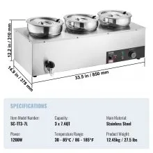 VEVOR Calentador de sopa eléctrico, tres ollas redondas de acero inoxidable de 7,4 cuartos de galón, temperatura ajustable de 86 ~ 185 °F, baño María comercial de 1200 W con botón de reinicio y quemad