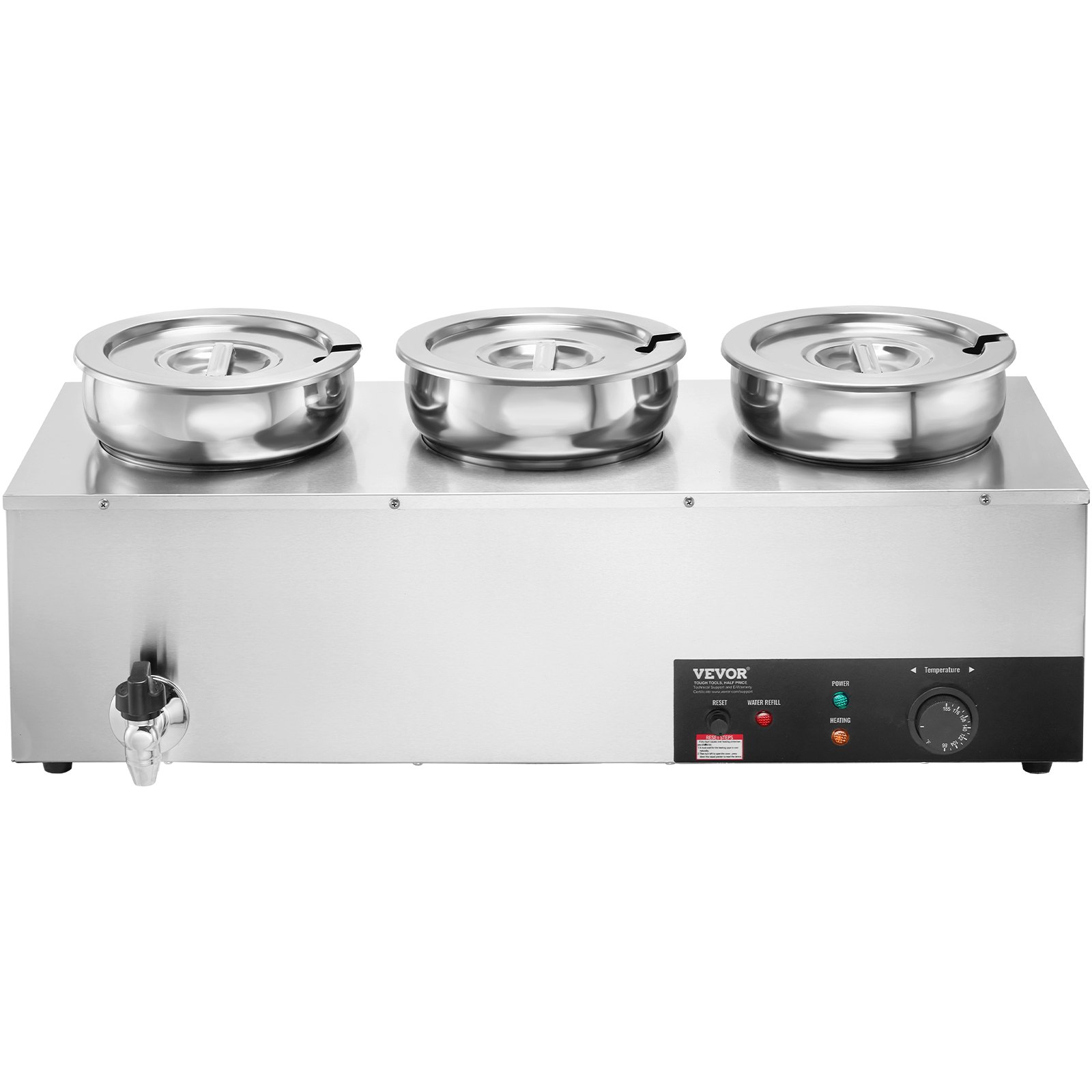 Calentador de sopa eléctrico VEVOR con tres cuencos de acero inoxidable y panel de control.