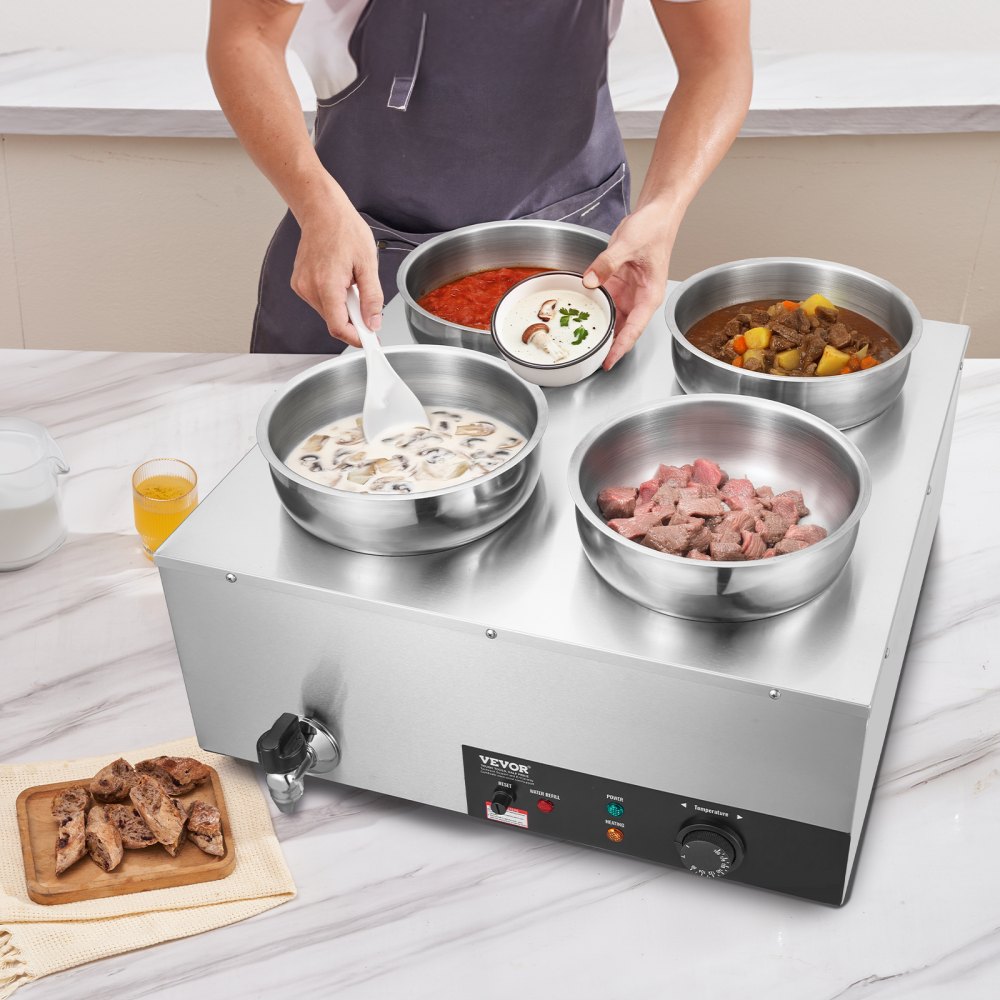 Calentador de sopa eléctrico VEVOR, cuatro ollas redondas de acero inoxidable de 7.4 cuartos de galón, calentador de alimentos comercial de 1500 W, temperatura ajustable de 86 a 185 °F, baño maría con protección contra quemaduras en seco y botón de reinicio, para restaurante y bufé.