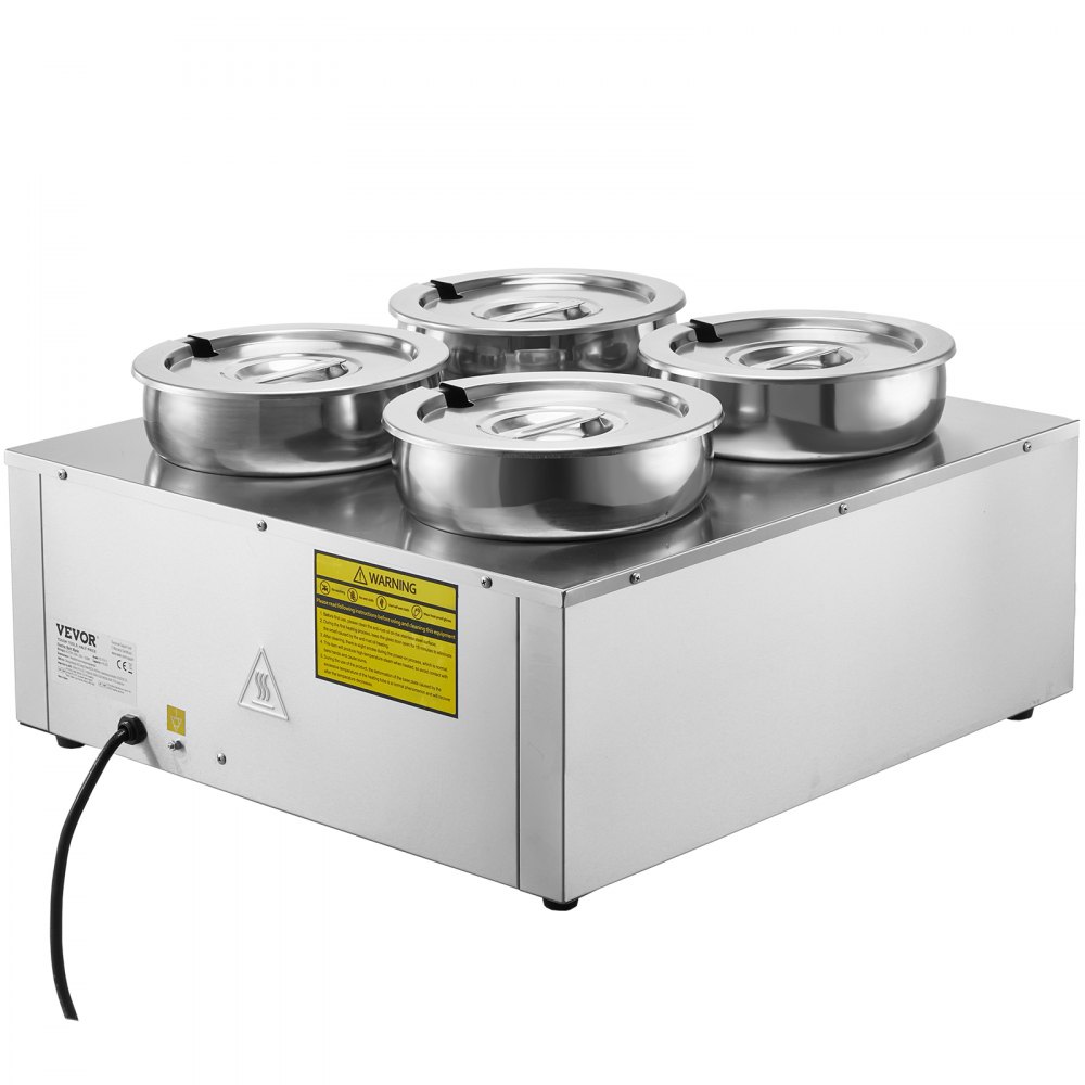 Calentador de sopa eléctrico VEVOR, cuatro ollas redondas de acero inoxidable de 7.4 cuartos de galón, calentador de alimentos comercial de 1500 W, temperatura ajustable de 86 a 185 °F, baño maría con protección contra quemaduras en seco y botón de reinicio, para restaurante y bufé.