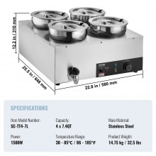 Calentador de sopa eléctrico VEVOR, cuatro ollas redondas de acero inoxidable de 7,4 cuartos de galón, temperatura ajustable de 86 ~ 185 °F, baño María comercial de 1500 W con botón de reinicio y quemado antiseco, estación de sopa para restaurante, buffet, plateado