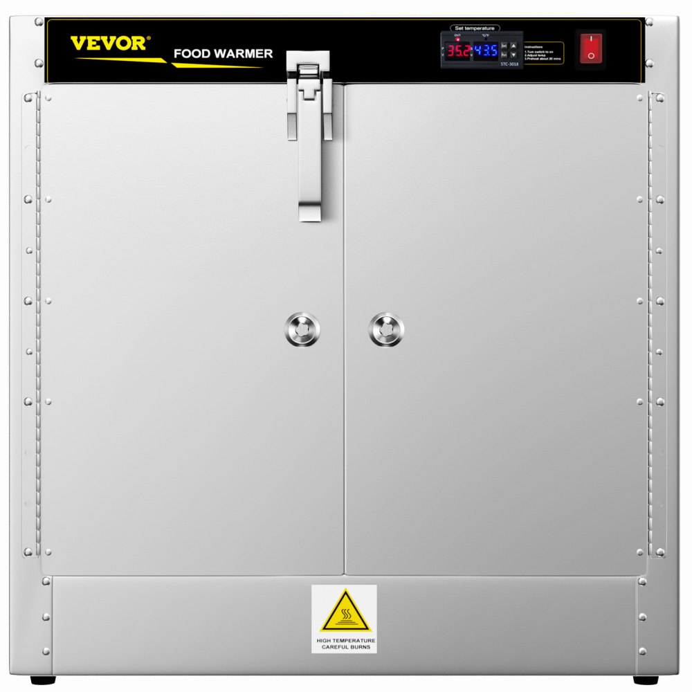 Calentador de alimentos tipo caja caliente VEVOR con puertas dobles, pantalla de temperatura digital y etiqueta de advertencia de seguridad.