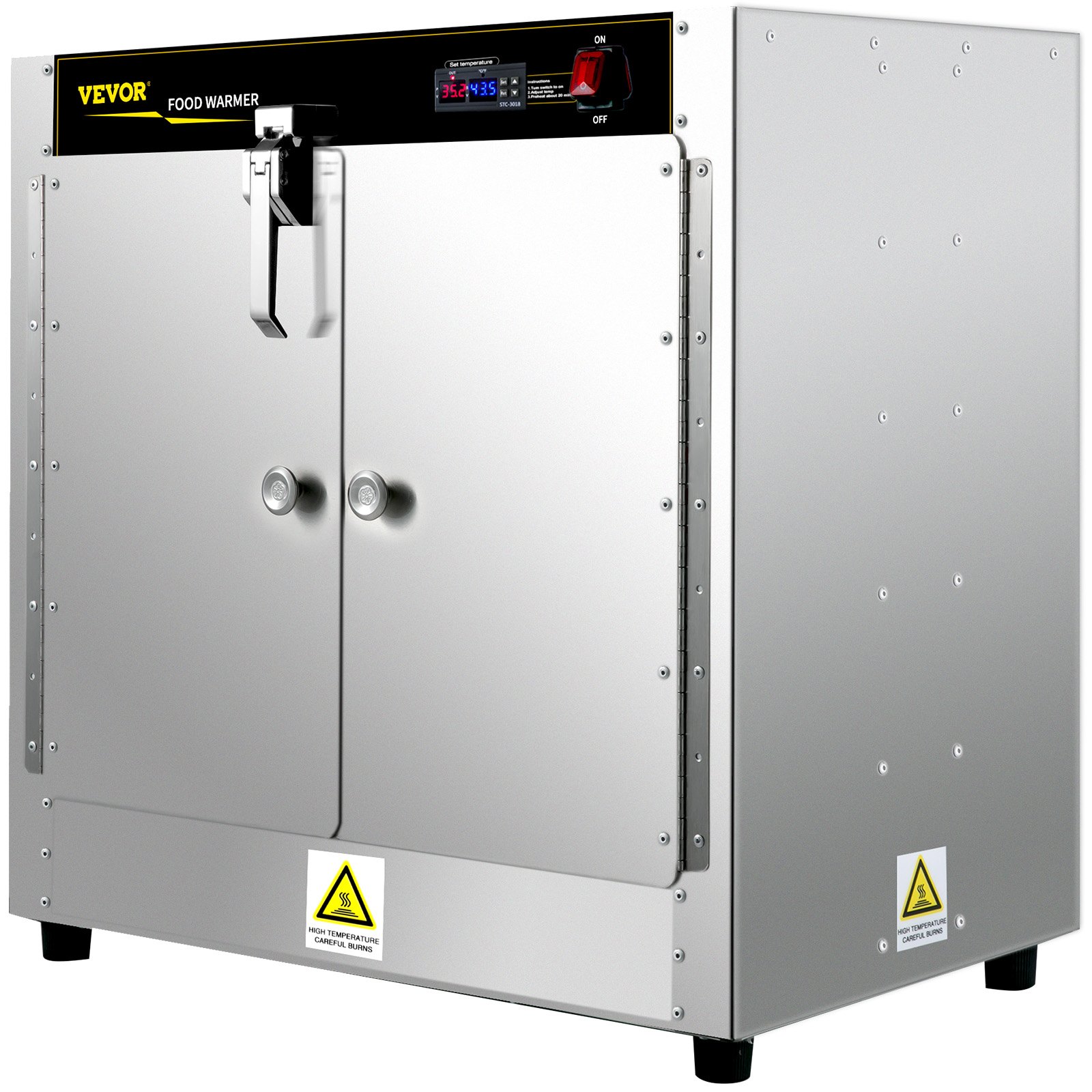 Calentador de alimentos VEVOR tipo caja caliente, de acero inoxidable con controles digitales y pantalla de temperatura.