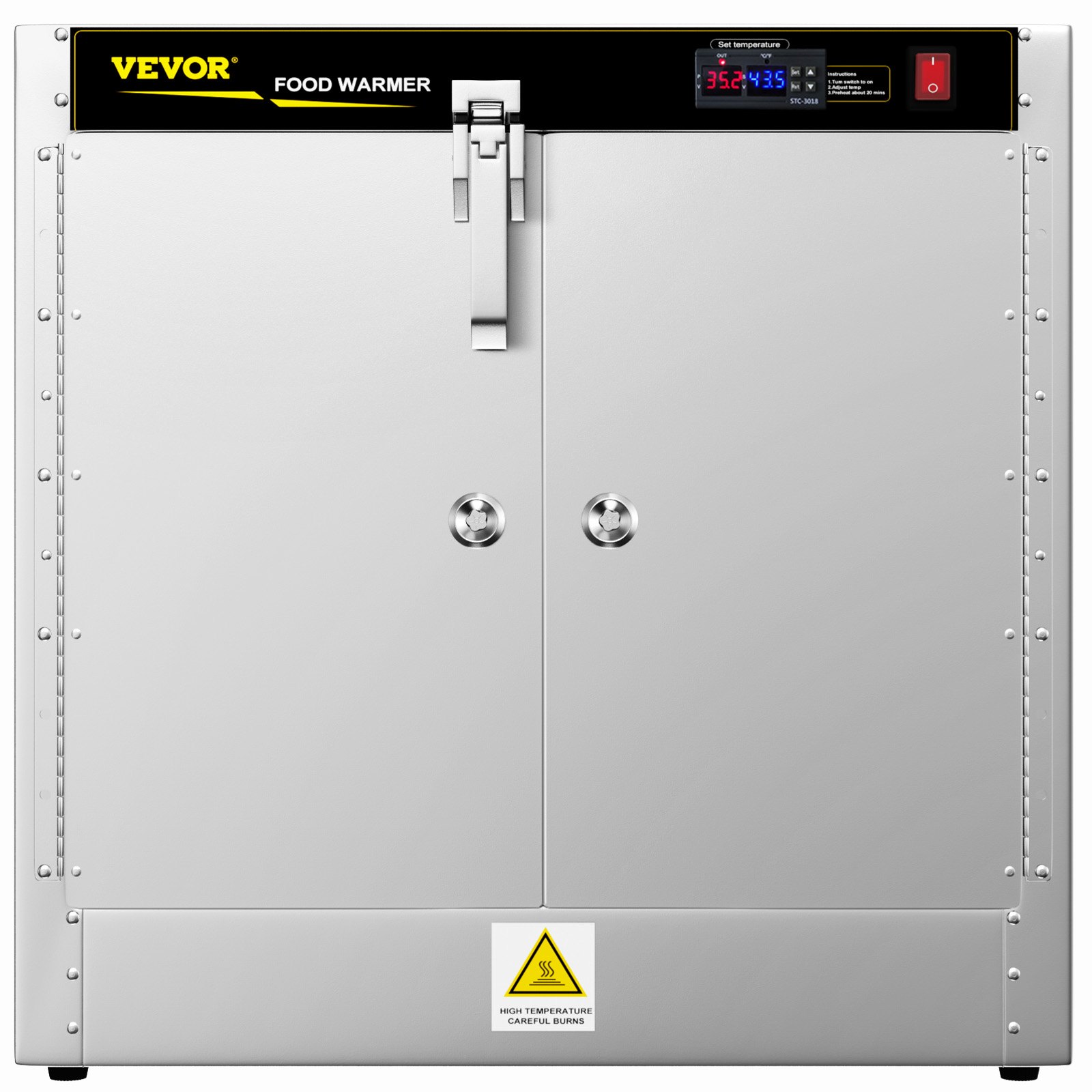Calentador de alimentos tipo caja caliente VEVOR con puertas dobles, pantalla de temperatura digital y etiqueta de advertencia de seguridad.
