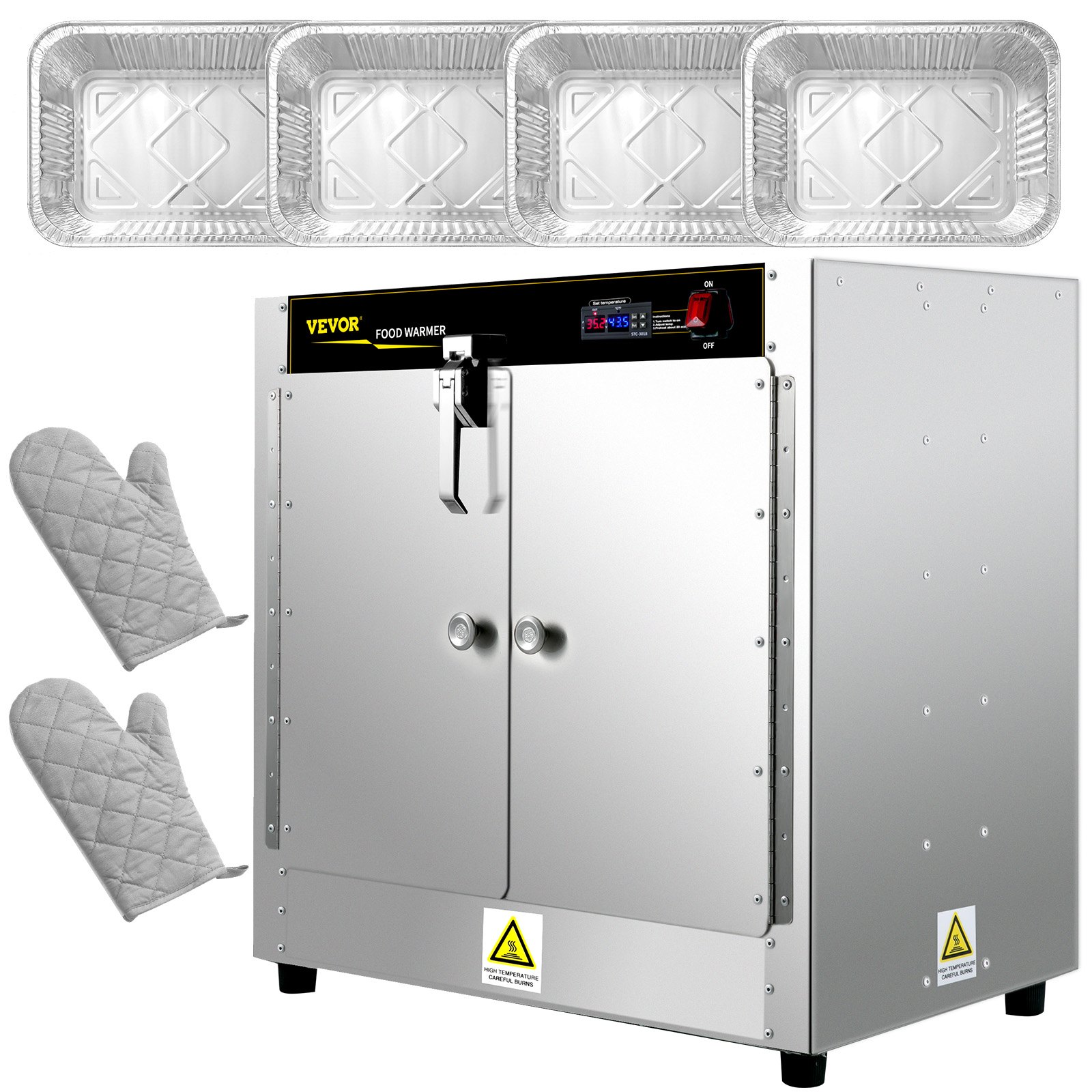 Calentador de alimentos tipo caja caliente VEVOR con puertas dobles, tres bandejas de aluminio y dos guantes de horno acolchados.