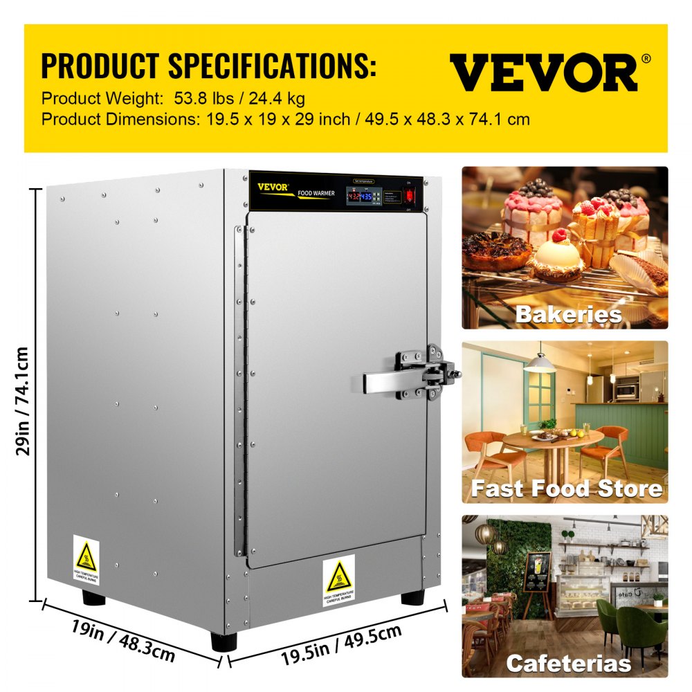 Calentador de alimentos tipo caja caliente VEVOR para panaderías, tiendas de comida rápida y cafeterías, dimensiones 19,5 x 19 x 29 pulgadas.