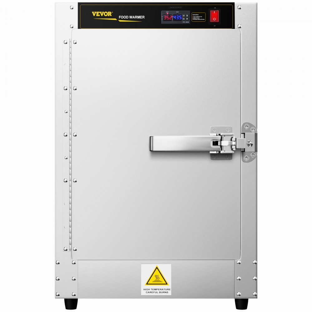 Calentador de alimentos VEVOR con pantalla digital, puerta de acero inoxidable y etiqueta de advertencia de seguridad