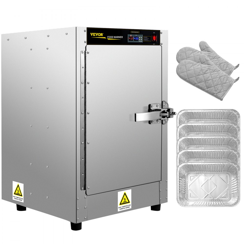 Calentador de alimentos tipo caja caliente VEVOR con panel de control, guantes de horno y bandejas de aluminio.