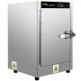 Calentador de alimentos tipo caja caliente VEVOR con cuerpo de acero inoxidable, etiquetas de seguridad y panel de control frontal.