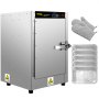 Calentador de alimentos tipo caja caliente VEVOR con panel de control, guantes de horno y bandejas de aluminio.