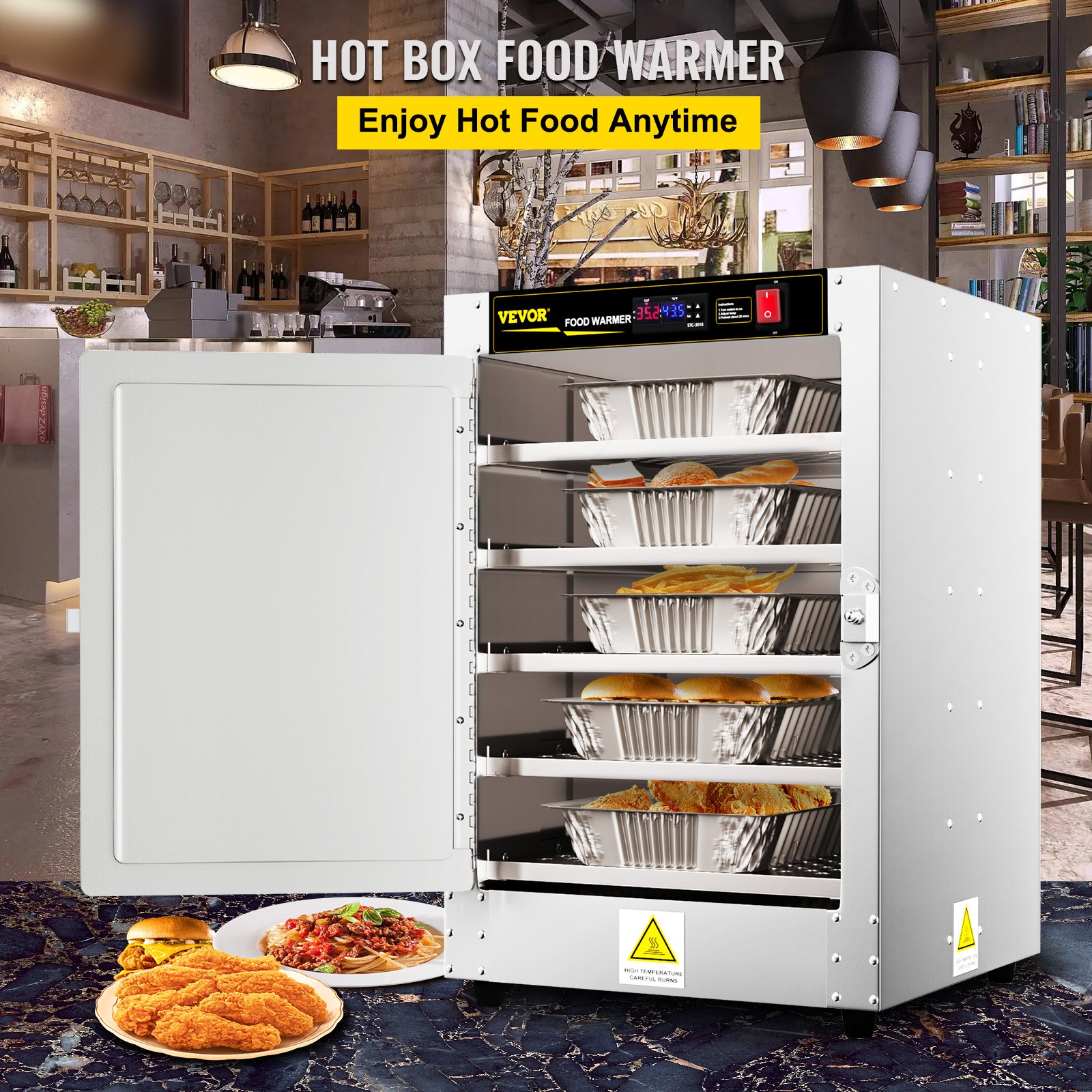 Calentador de alimentos tipo caja caliente VEVOR en un entorno de restaurante, que muestra bandejas de comida calentadas y comidas listas para comer.