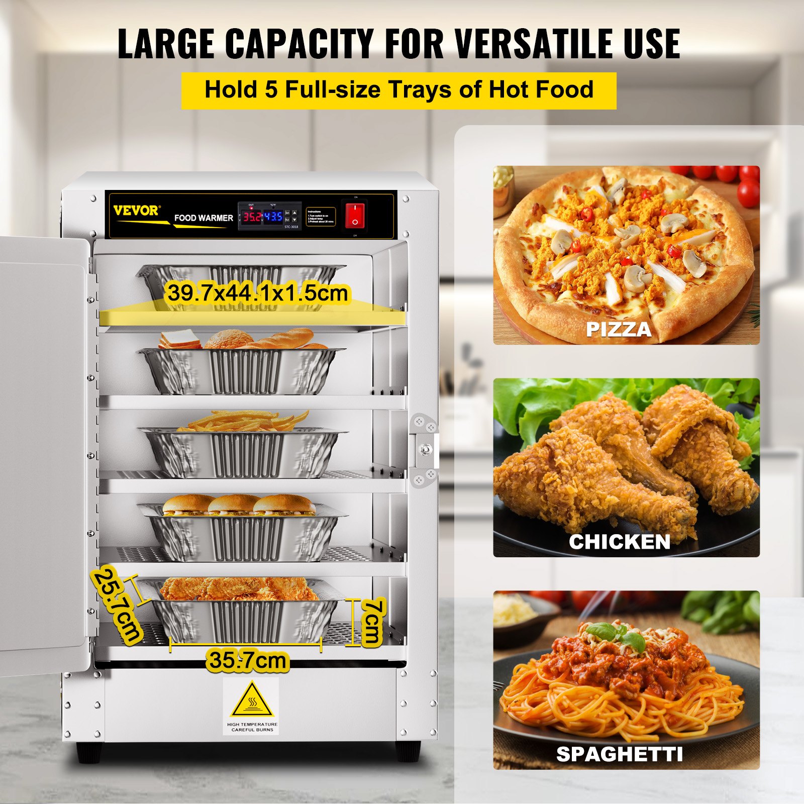 Calentador de alimentos VEVOR con capacidad para 5 bandejas con pizza, pollo y espaguetis en una cocina.