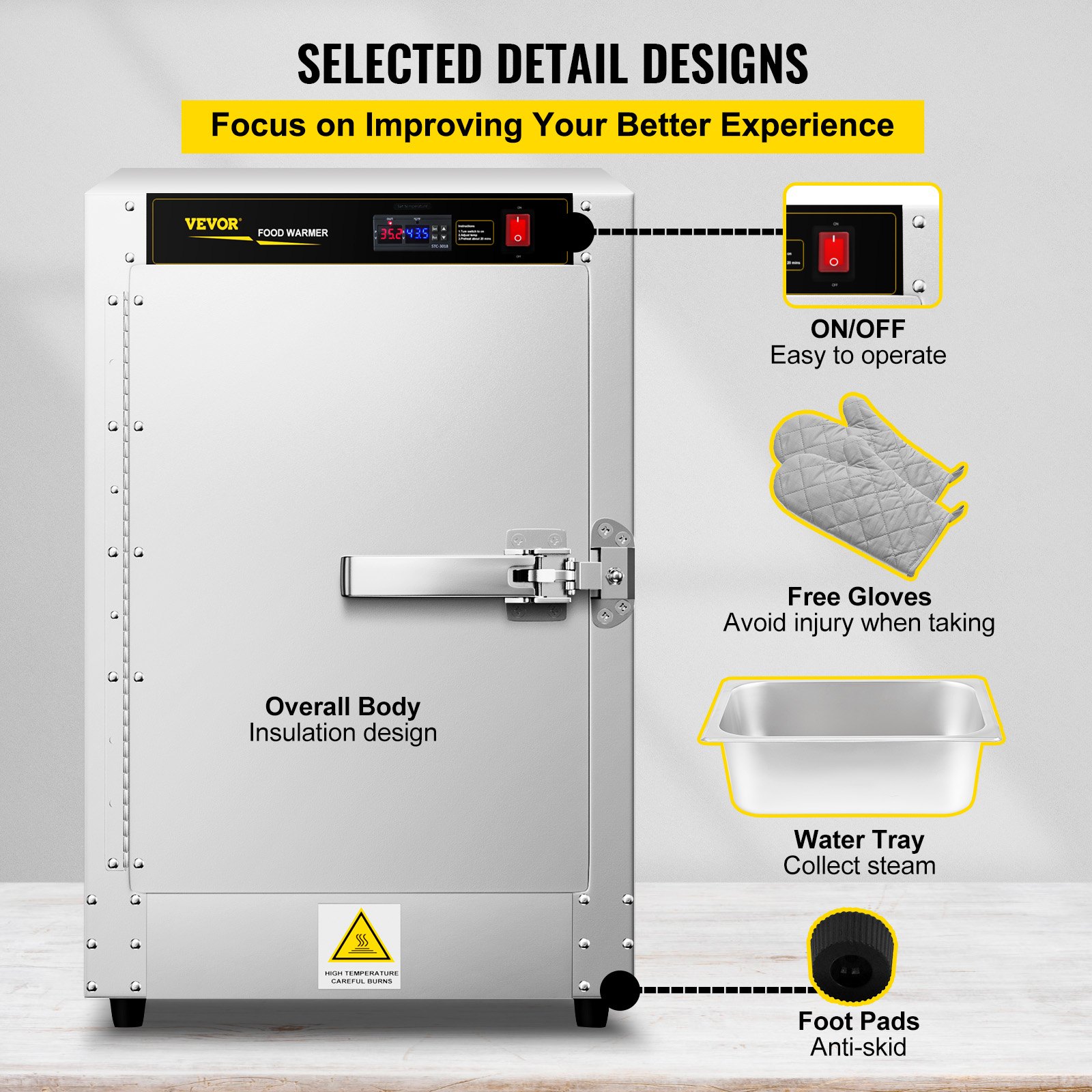 Calentador de alimentos tipo caja caliente VEVOR con diseño de aislamiento, guantes gratuitos, bandeja de agua, almohadillas antideslizantes para los pies e interruptor de encendido/apagado.