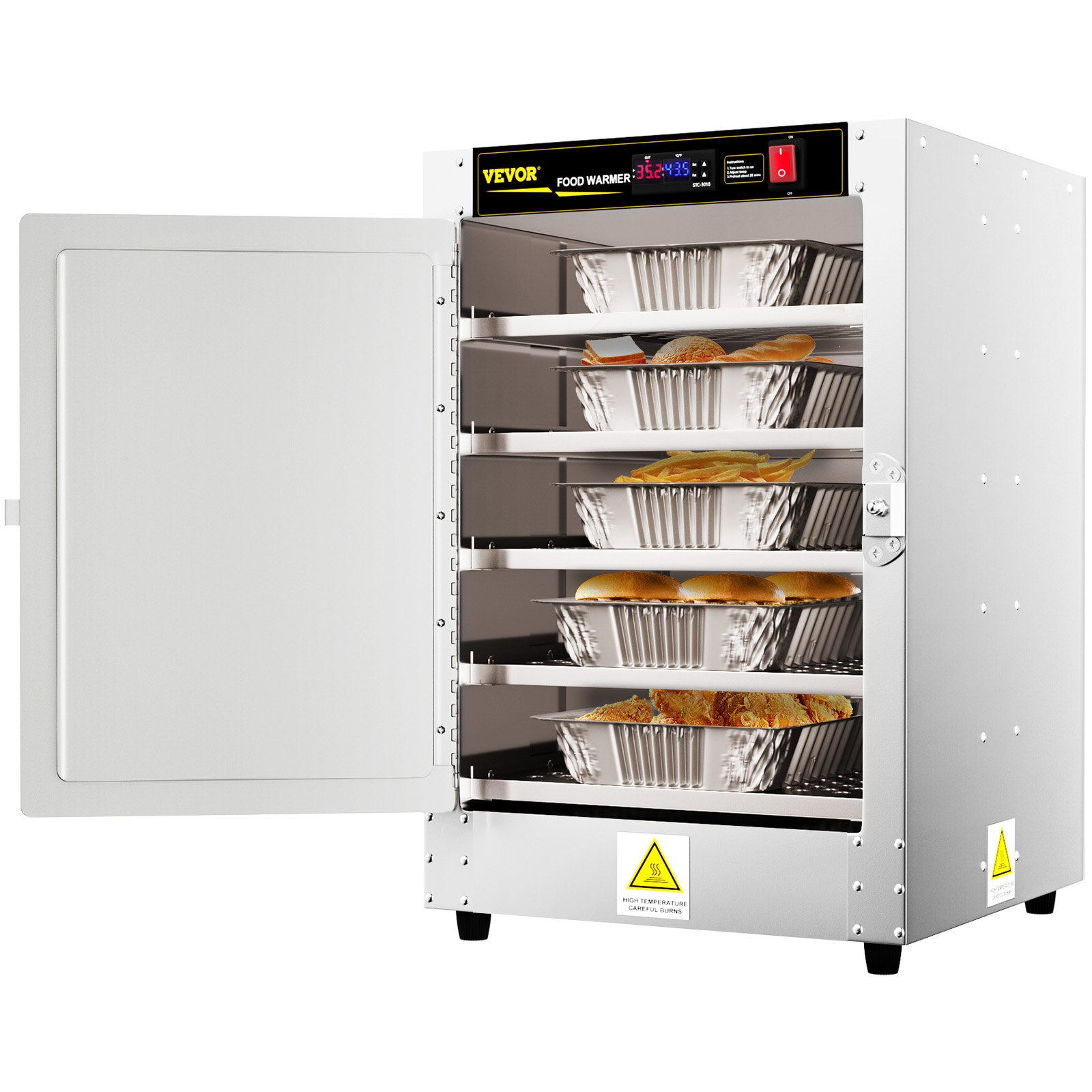 Calentador de alimentos VEVOR con bandejas de comida y puerta abierta que muestra alimentos cocinados al vapor