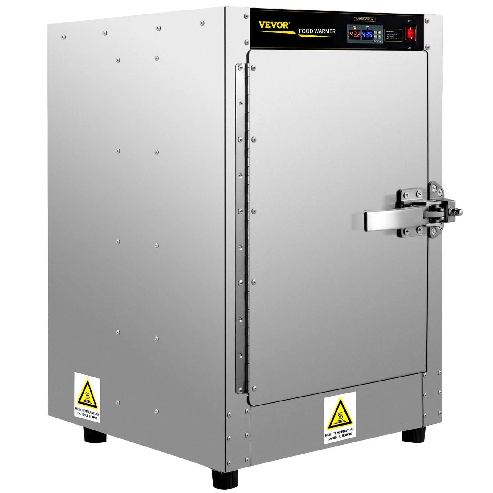 Calentador de alimentos tipo caja caliente VEVOR con cuerpo de acero inoxidable, etiquetas de seguridad y panel de control frontal.