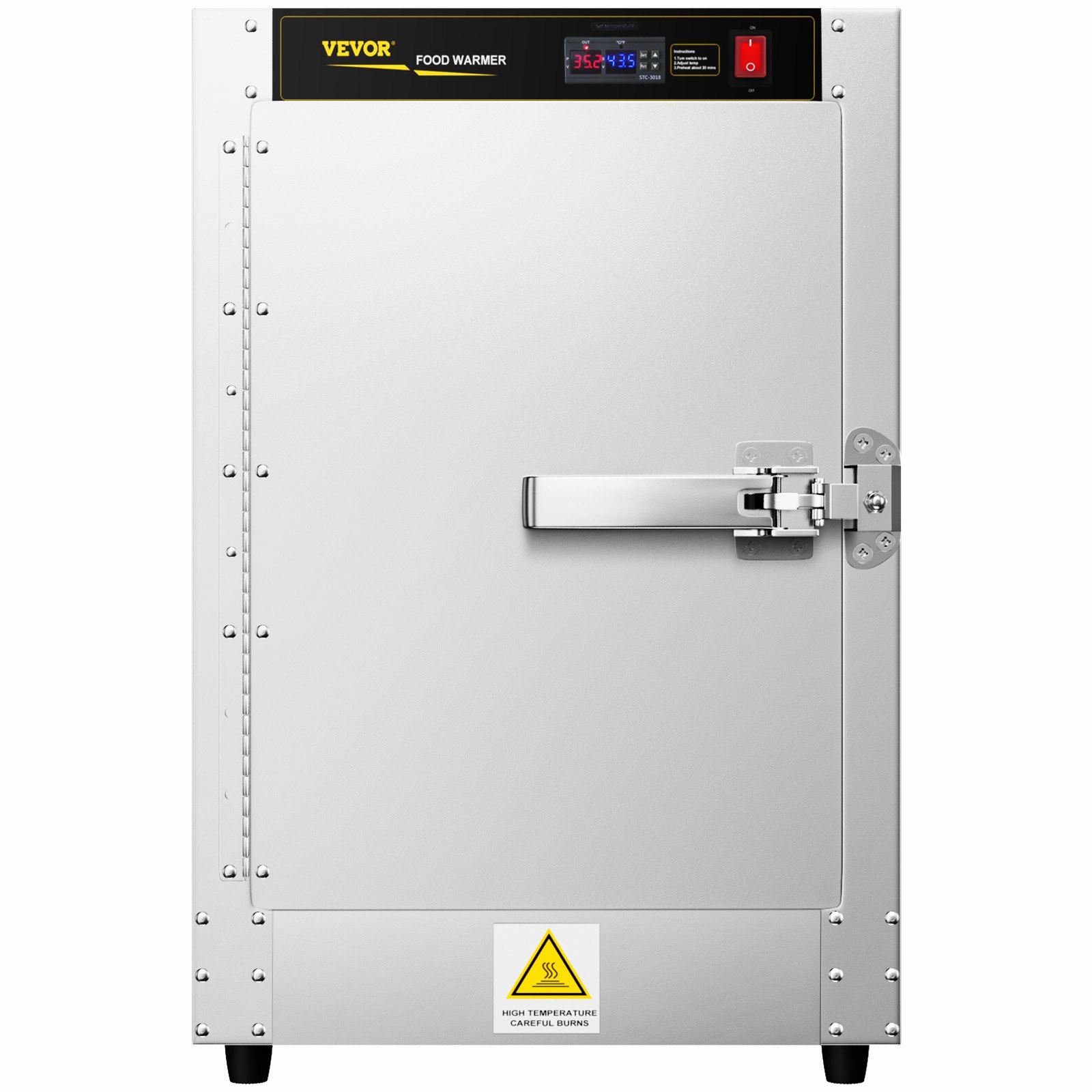 Calentador de alimentos VEVOR con pantalla digital, puerta de acero inoxidable y etiqueta de advertencia de seguridad