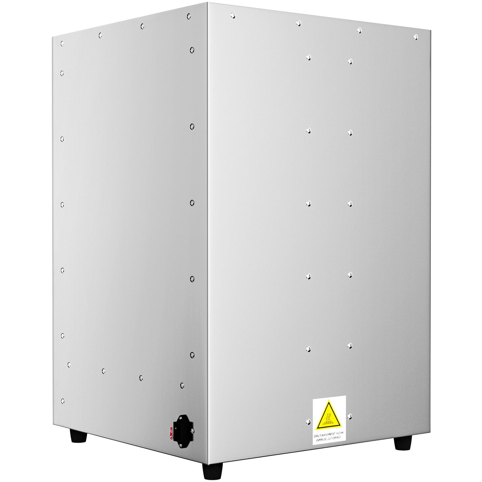 Calentador de alimentos tipo caja caliente VEVOR con exterior de acero inoxidable y etiqueta de precaución en el panel inferior.
