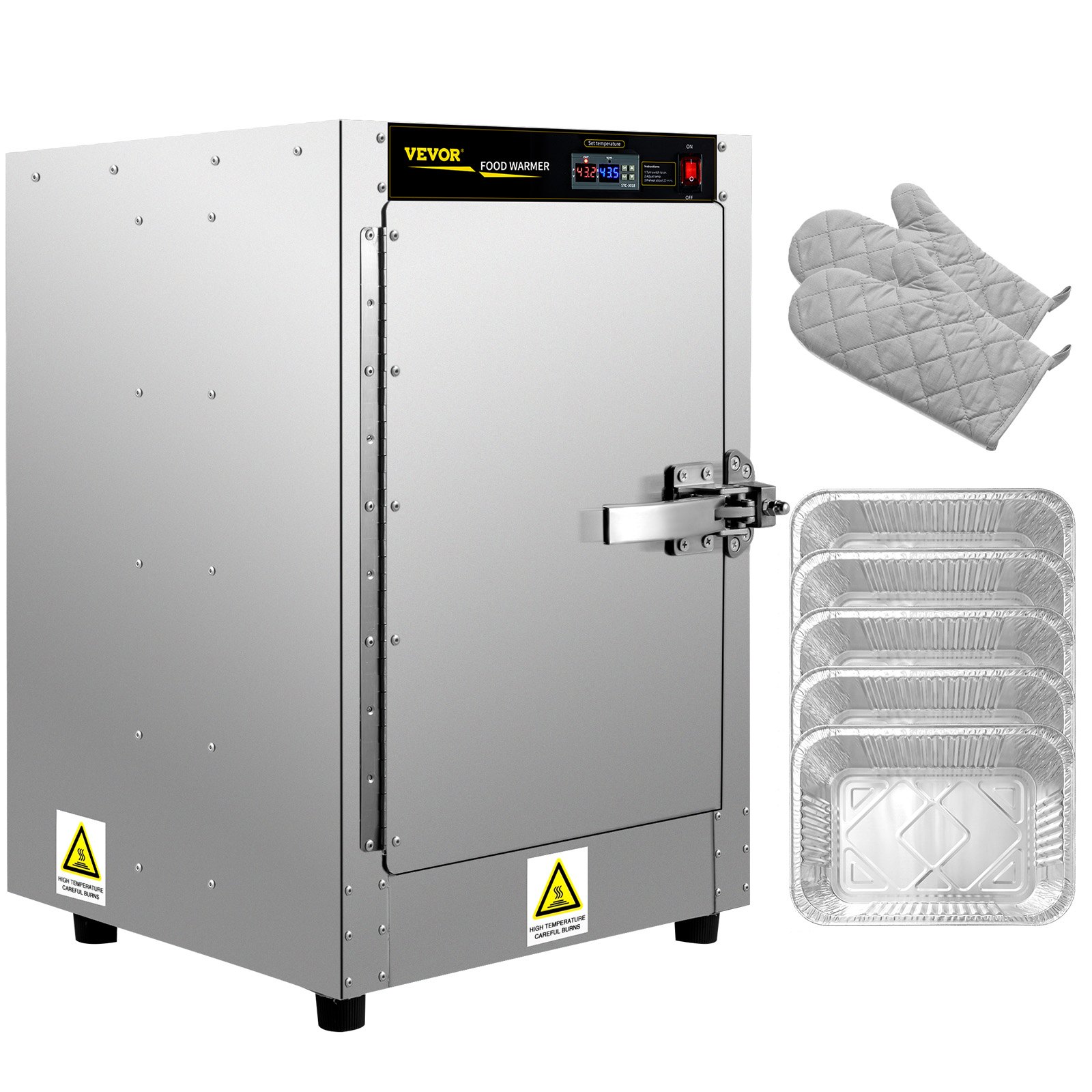 Calentador de alimentos tipo caja caliente VEVOR con panel de control, guantes de horno y bandejas de aluminio.