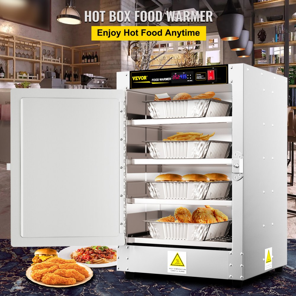 Calentador de alimentos VEVOR Hot Box, 16" x 16" x 24" Calentador de concesión con bandeja de agua, cuatro bandejas de catering desechables, para pizzas, hamburguesas, pasteles, empanadas, para concesión de alimentos calientes Probado según las normas UL